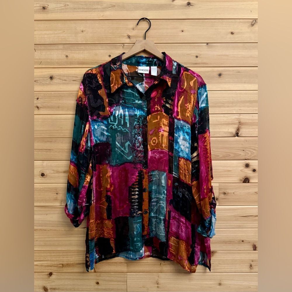 Chico’s Size 2/Large Colorful Patchwork Silk Rayon Button Front Collared Shirt